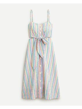 J.Crew Side Cutout Dress in Rainbow Seersucker Midi Summer Sundress Size 2 Women